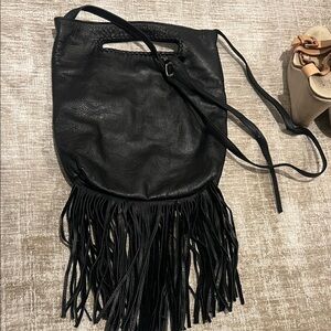 Black Fringe Leather Shoulder Bag
